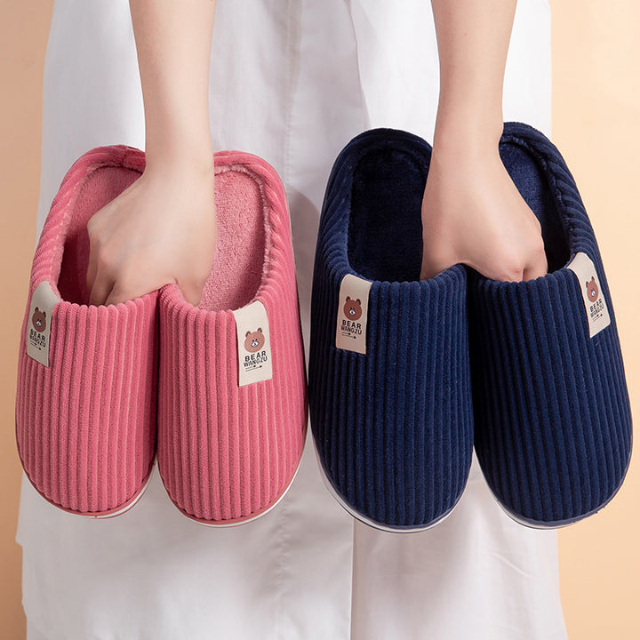 Solid Color Striped Slippers For Women Thick-soled Anti-slip Indoor Warm Plush Home Shoes Couple Women Men Slipper Winter-Womens Footwear-Zishirts