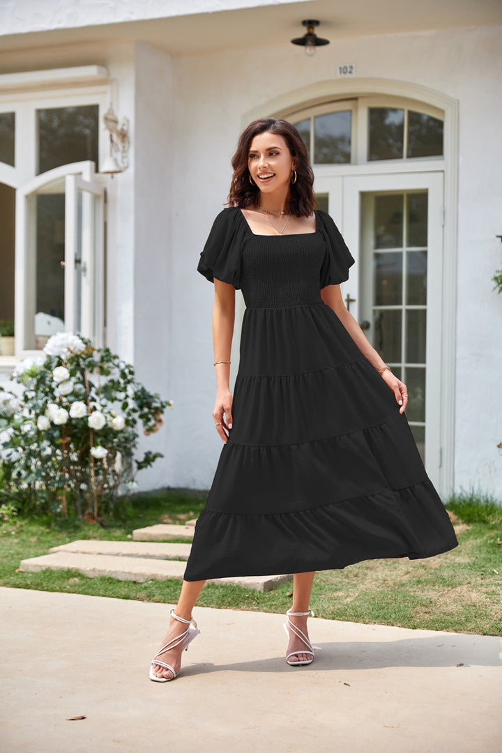 Square Collar Backless Puff Sleeve Pleated Short Sleeves Dress-Lady Dresses-Zishirts