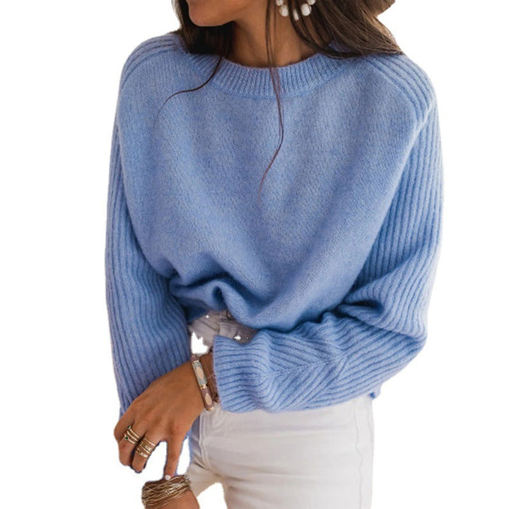 European Milk Blue Bedford Cord Sweater Women's Round-collar Long-sleeve Knitwear-Sweaters-Zishirts