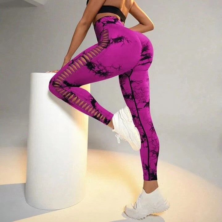 Hollow Tie Dye Printed Yoga Pants High Waist Butt Lift Seamless Sports Gym Fitness Leggings Slim Pants For Women Tight Trousers-Women's Outerwear 2023-Zishirts