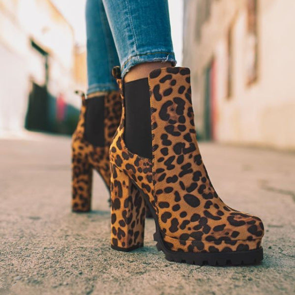 Round-toe Ankle Boots Solid Leopard Print Thick Square High Heel Shoes Ladies Casual Fashion Autumn Winter Suede Dress Party Boots-4-Zishirts