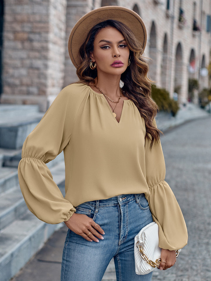 Solid Color And V-neck Loose Casual Women's Top-Blouses & Shirts-Zishirts