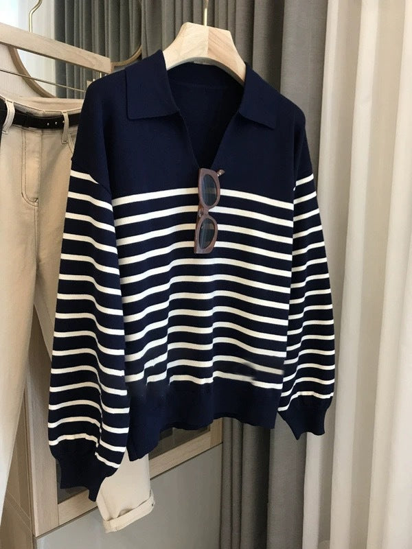 French Striped Polo Collar Sweater Worsted Wool-Sweaters-Zishirts