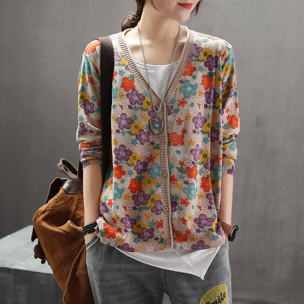 Women's Retro Art Floral Print Knitted Cardigan Sweater Coat-Sweaters-Zishirts