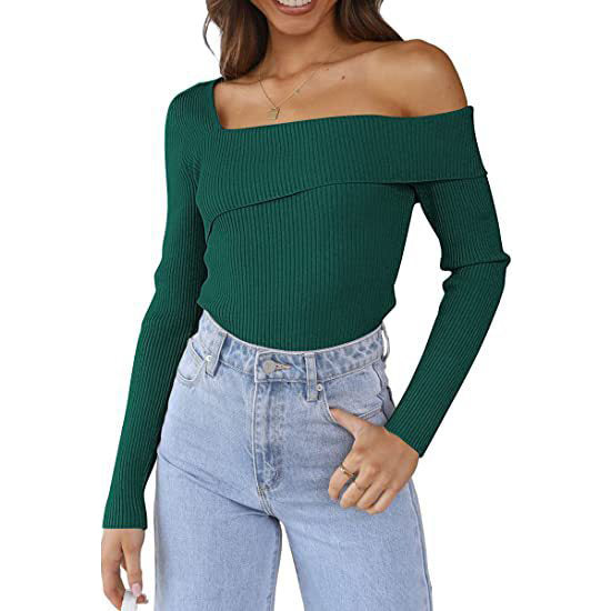 European And American Autumn Leisure Long-sleeved Slim Off-shoulder Knitted Sweater Pullover Top-Sweaters-Zishirts