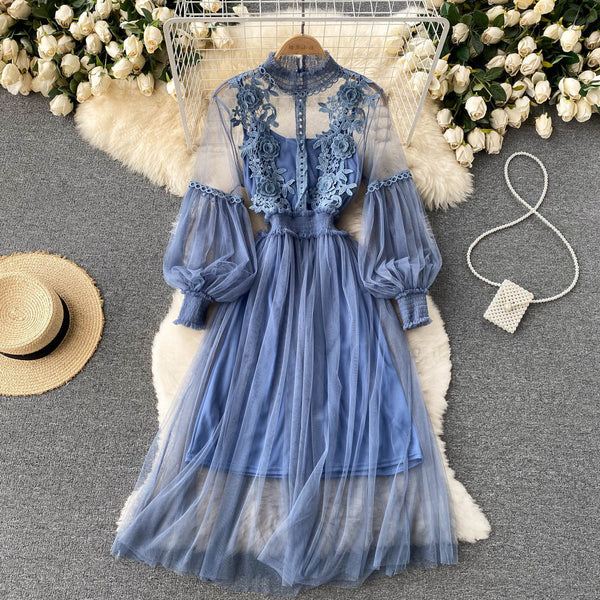 Mesh Graceful Stand Collar Lantern Sleeve High Waist Slimming Suspenders Dress-Lady Dresses-Zishirts