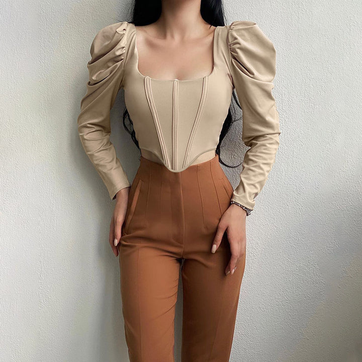 Collar Pure Desire Long Sleeve Sexy Puff Sleeve Fishbone Waist Short Top-Blouses & Shirts-Zishirts