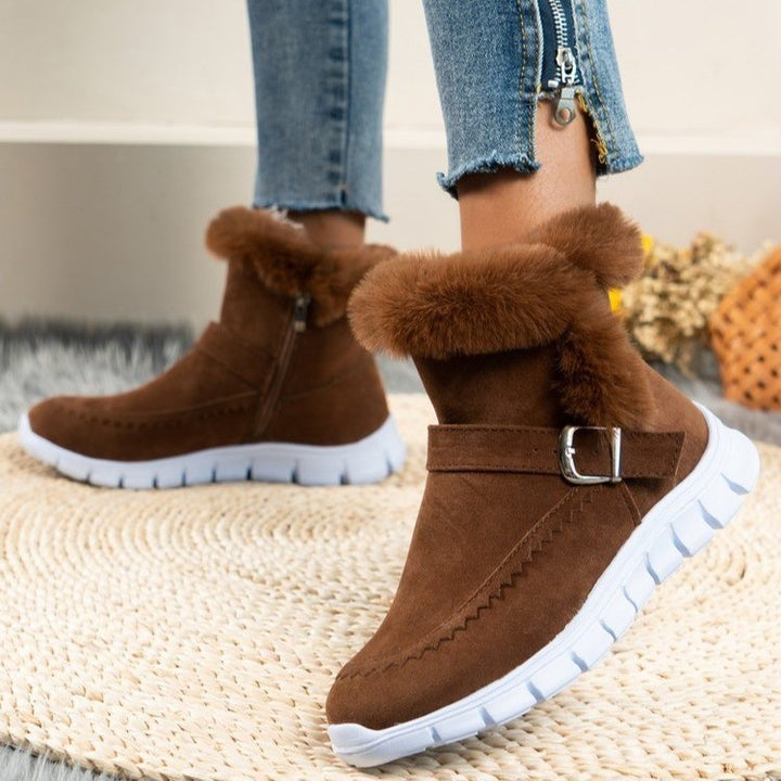 New Snow Boots Winter Warm Thickened Solid Color Plush Ankle Boots With Buckle Design Plus Velvet Flat Shoes For Women-Womens 2024 March-Zishirts