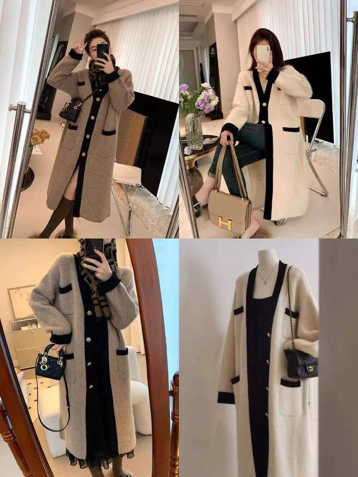 Contrast Color Large Size Long Sweater Coat Design Sense Niche Knitted Cardigan Top-Sweaters-Zishirts