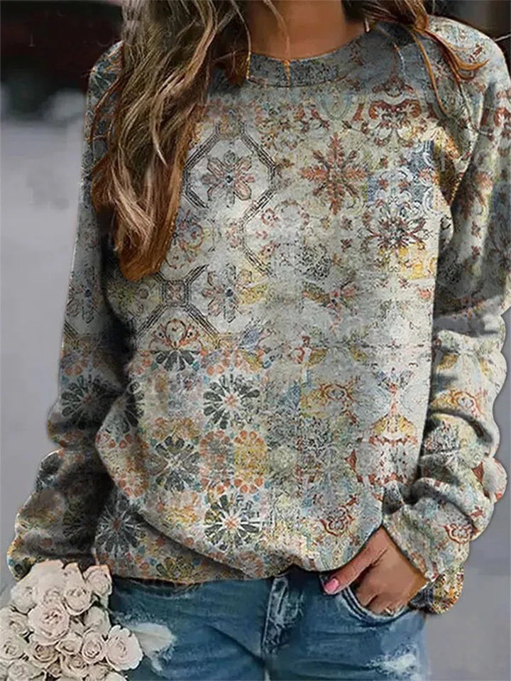 Floral Loose Print Long-sleeved Round Neck Sweater-Sweaters-Zishirts