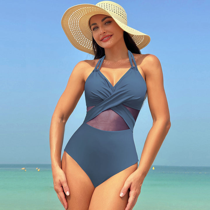 Halter-neck One-piece Swimsuit Summer Solid Color Cross-strap Design Mesh Bikini Beach Vacation Womens Clothing-Womens 2024 March-Zishirts