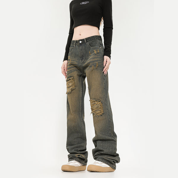 Retro Washed Ripped Jeans Straight American High Street Jeans-Woman Jeans-Zishirts