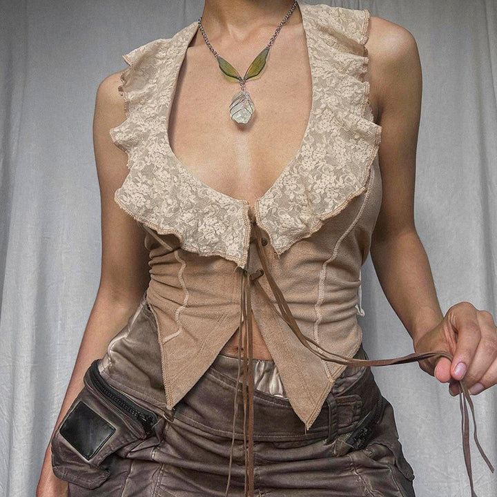 Rural Ancient Lace Stitching Tied Vest For Women-Blouses & Shirts-Zishirts