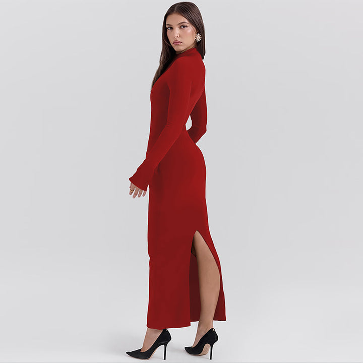 Women's Fashion Half-high Collar Long Sleeves Long Dress-Lady Dresses-Zishirts