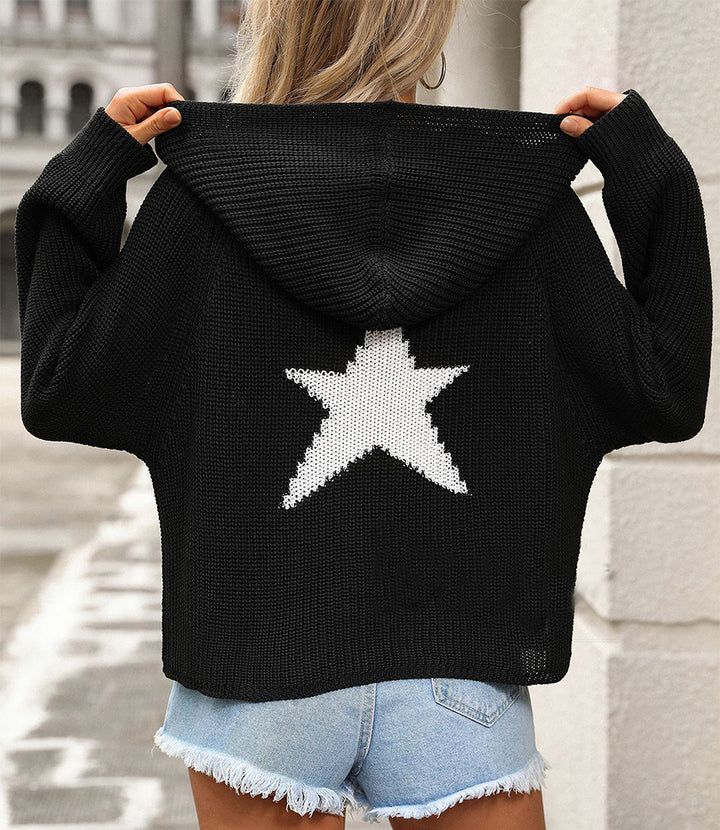 Fashion Pullover Hooded Sweater With Pockets Loose Star Long Sleeve Zippered Cropped Cardigan Outwear Tops For Womens Clothing-Jackets-Zishirts