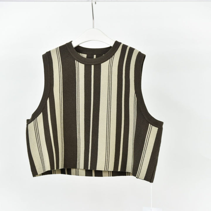 Women's Stitching Contrast Color Vertical Stripes Round Neck Knitted Vest-Women's Outerwear 2023-Zishirts