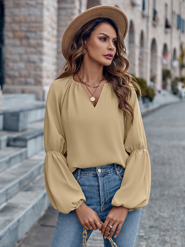 Solid Color And V-neck Loose Casual Women's Top-Blouses & Shirts-Zishirts