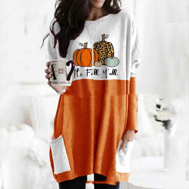 Pumpkin Halloween Pocket Long Sleeve Dress-Suits & Sets-Zishirts