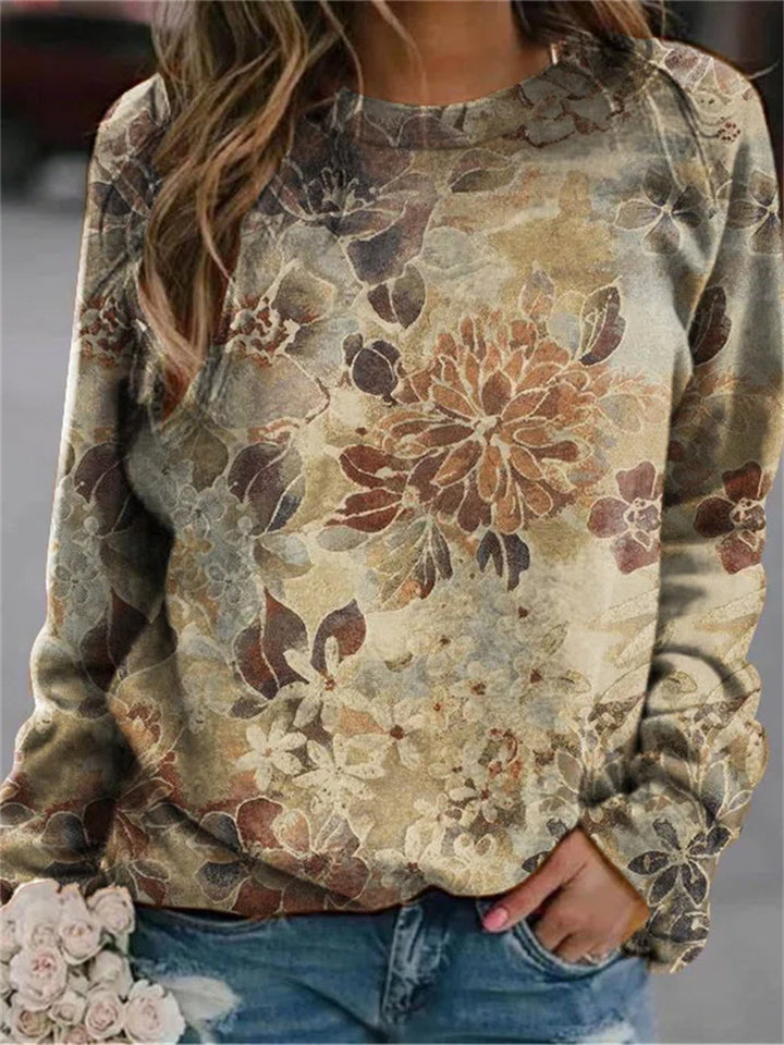 Floral Loose Print Long-sleeved Round Neck Sweater-Sweaters-Zishirts
