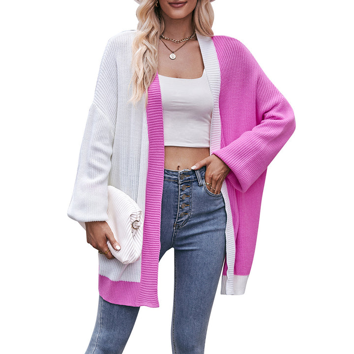 Contrast Color Loose Shawl Mid-length Sweater Cardigan-Sweaters-Zishirts