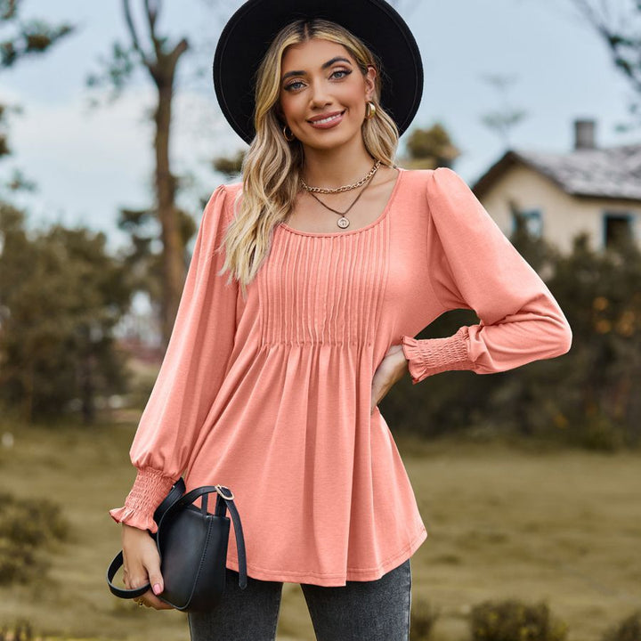 Solid Color Round Neck Drawstring Cuff Smocking Top-Blouses & Shirts-Zishirts