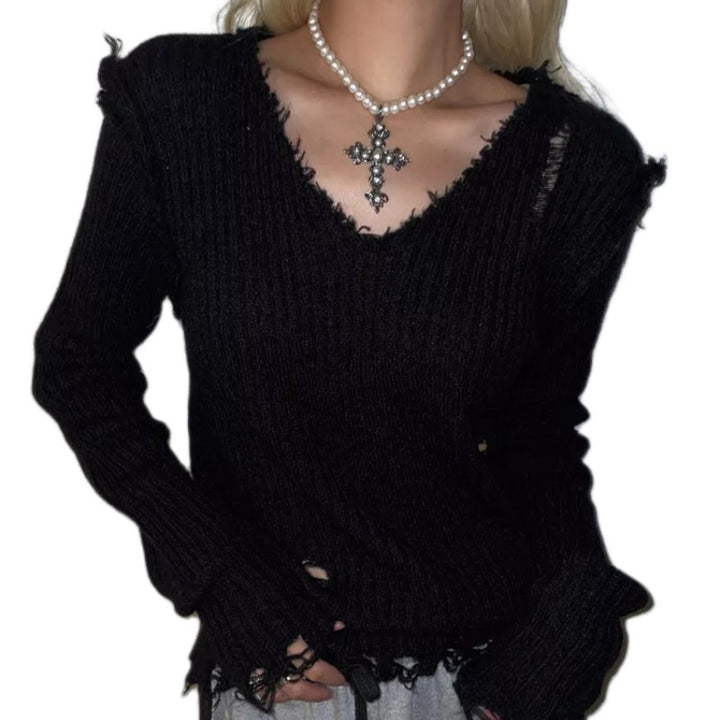 New Elegant V-neck Hand Frayed Long-sleeved Bottoming Sweater-Sweaters-Zishirts