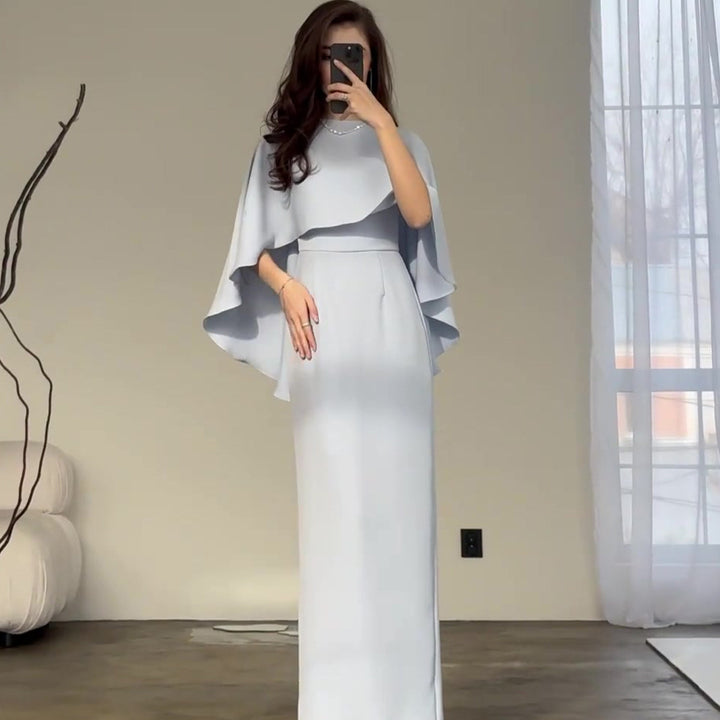 Light Blue Satin Bat Shawl Waist-controlled Long Sleeves Dress-Lady Dresses-Zishirts