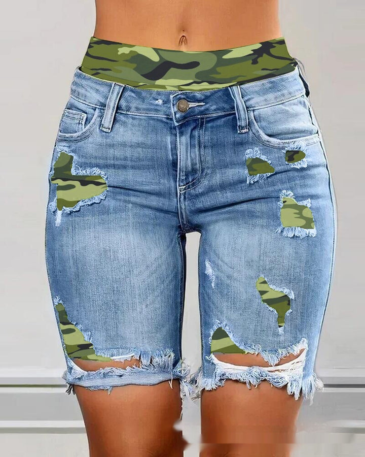 Color Contrast Patchwork Ripped Fake Two-piece Denim Shorts-Woman Jeans-Zishirts