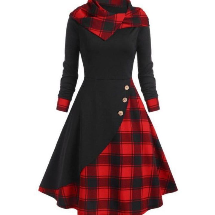 Plaid Stitching Hooded Turtleneck Dress-Lady Dresses-Zishirts