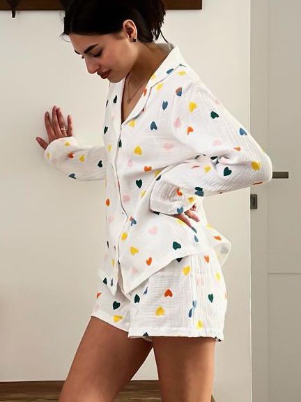 Women's Temperament Leisure Heart Printing Long-sleeved Shirt And Shorts Suit-Suits & Sets-Zishirts