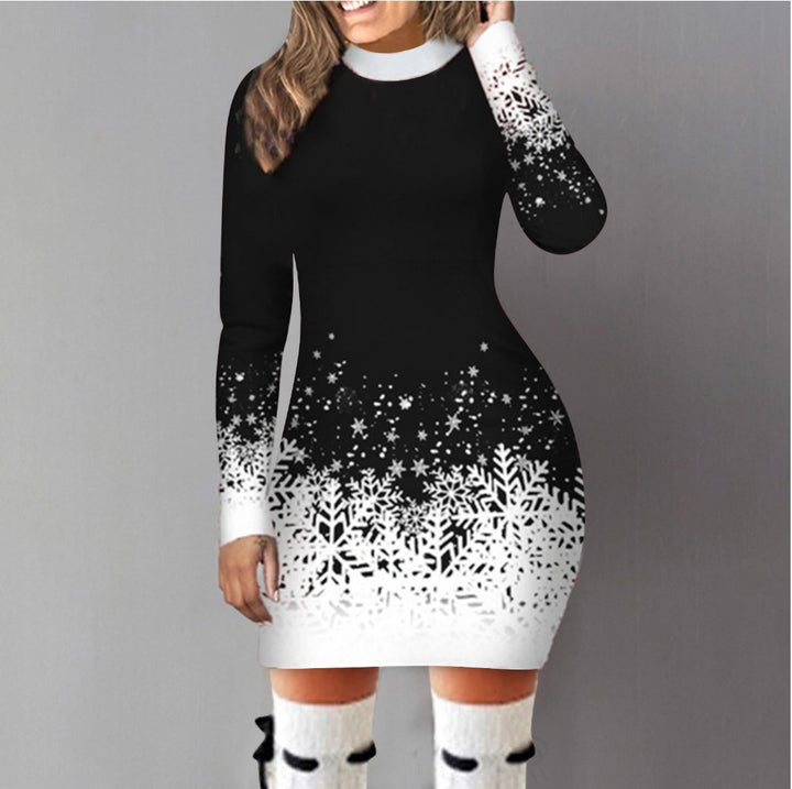 European And American Christmas Printed Long Sleeve Dress A-lineskirt Women-Women's Outerwear 2023-Zishirts