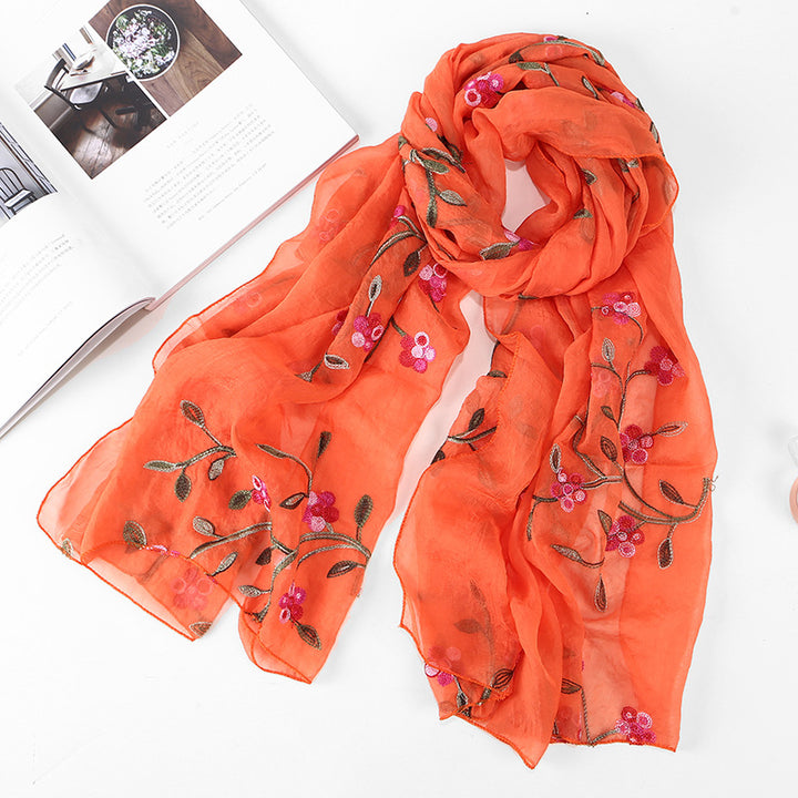 Women's Chiffon Flower Embroidered Silk Scarf Beach Shawl-Scarves & Wraps-Zishirts