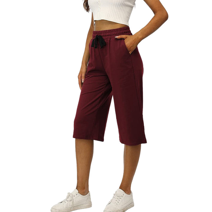 Solid Color Drawstring Elastic Waist Casual Sports Three-quarter Length Wide Leg Women's Pants-Suits & Sets-Zishirts