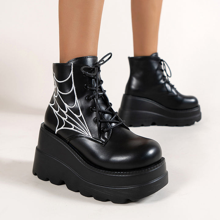 Platform Wedge Dr Martens Boots Autumn And Winter Spider Web Round Toe Lace-up Short Leather Boots-Womens Footwear-Zishirts