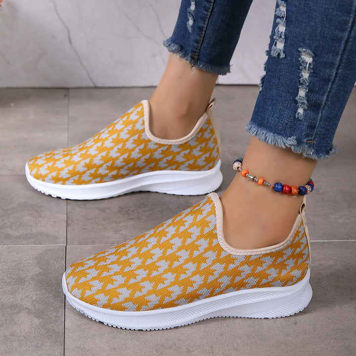 Houndstooth Print Sneakers Round Toe Mesh Flats Shoes-Womens Footwear-Zishirts