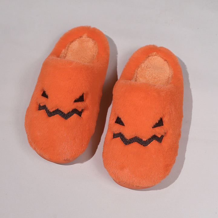 Cute Halloween Pumpkin Slippers Winter Warm Plush Bedroom Floor Home Slippers Casual Slip On Comfortable Cozy Indoor House Shoes-Womens Footwear-Zishirts