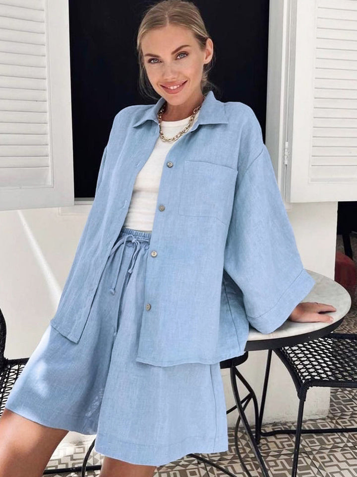 Women's Fashion Casual Loose-fitting Solid Color Long Sleeves Shorts Suit-Suits & Sets-Zishirts