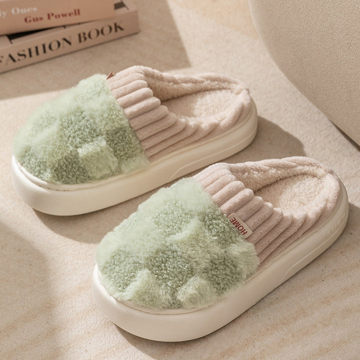 Plaid Plush Slippers Women's Indoor Plush Home Slippers Soft Sole Thick Non-Slip Warm House Shoes Couple Autumn And Winter-Womens Footwear-Zishirts