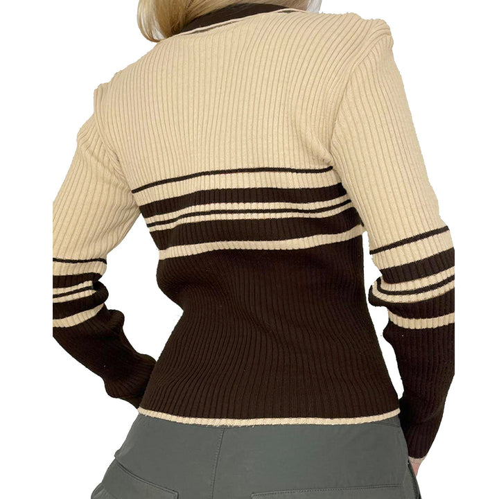 Vintage Stripe Stitching Lapel Long Sleeve Zipper Jacket-Sweaters-Zishirts