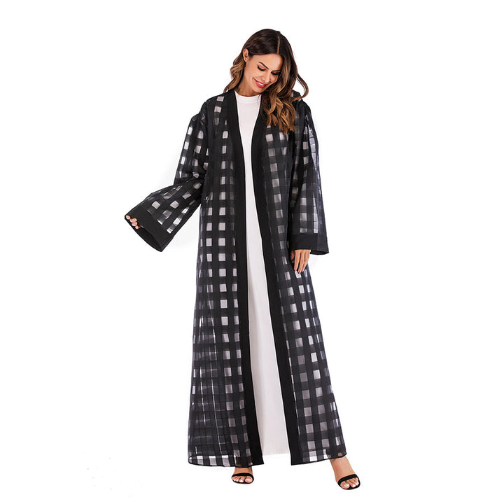 Muslim Plaid Loose Sleeved Lace Up Robe For Women-Jackets-Zishirts