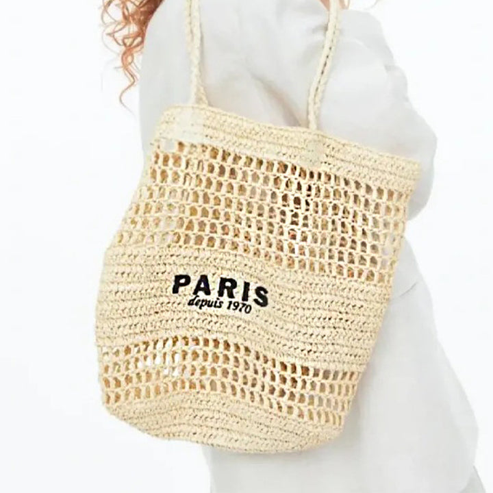 Embroidered Letters Hollow Out Straw Handbag-Women's Bags-Zishirts