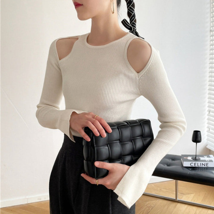 Black Strapless Long Sleeve Bottoming Shirt Women's Spring And Autumn Cut-out Bottoming Slim Fit Skinny Short Top-Women's Outerwear 2023-Zishirts