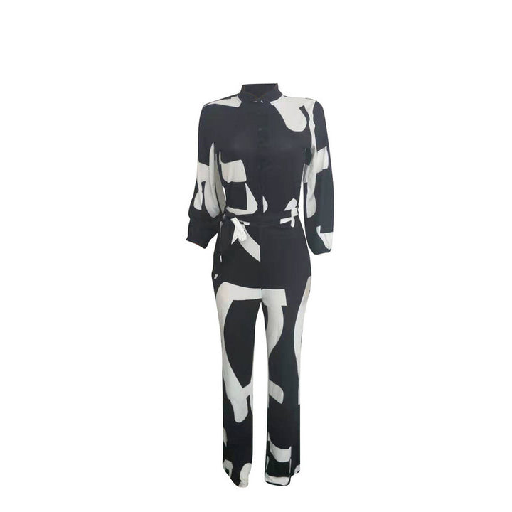 European And American Women's Clothing Elegant Cardigan Stitching Printing Jumpsuit-Suits & Sets-Zishirts