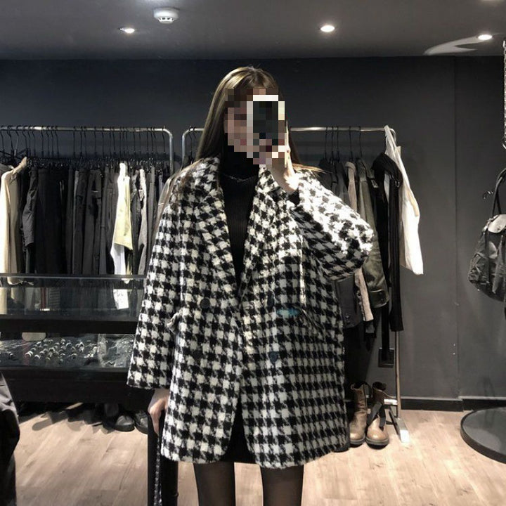 Houndstooth Design Woolen Coat Women's Loose Casual-Jackets-Zishirts