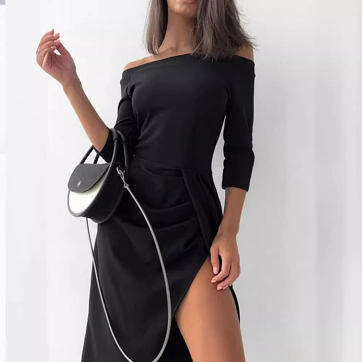 Women's Off-neck Long Sleeve Waist Slit Dress-Lady Dresses-Zishirts