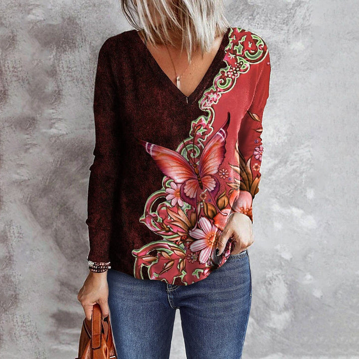 Women's Flower Butterfly Printed V-neck Long Sleeve Loose T-shirt-Blouses & Shirts-Zishirts