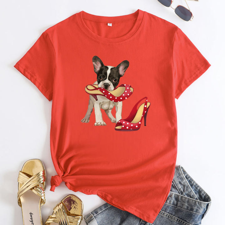 Loose And Cute Dog Print Pure Cotton Round Neck Short Sleeves-Blouses & Shirts-Zishirts