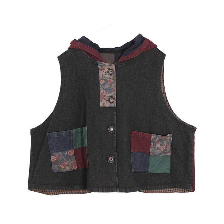 Women's Retro Loose Hooded Ethnic Style Stitching Patchwork Coat Vest-Womens 2024 March-Zishirts