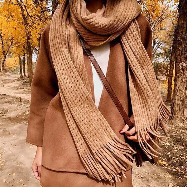 Thickened Warm Long Solid Color Tassel Knitted Wool Scarf-Scarves & Wraps-Zishirts