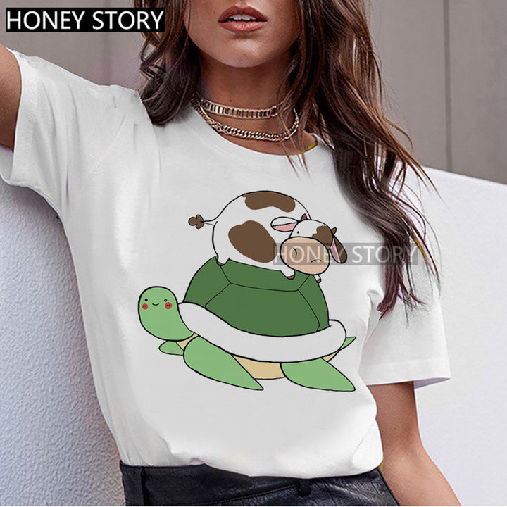 T-shirt Animal Cute Pattern Round Neck White Short-sleeve Top-Women's Outerwear 2023-Zishirts